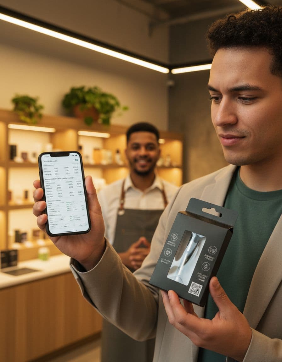 A consumer examines a cannabis vape package in a modern dispensary, reviewing lab reports on their phone with a budtender nearby. Highlights include packaging details like material specs and test results, promoting empowerment and safety in a clean, realistic style with warm lighting.