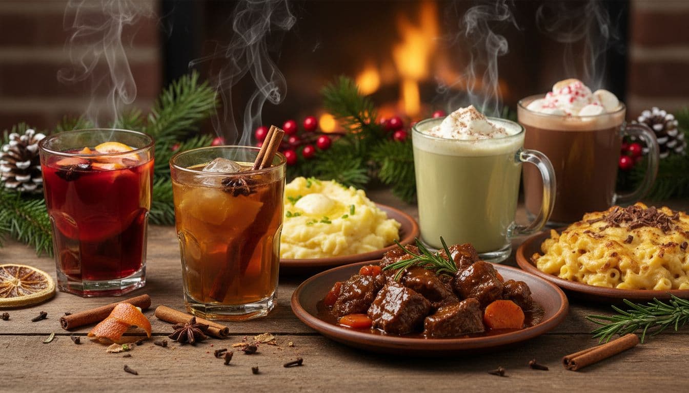 Close-up of cannabis-infused drinks with winter comfort foods like stew, mashed potatoes, and mac and cheese