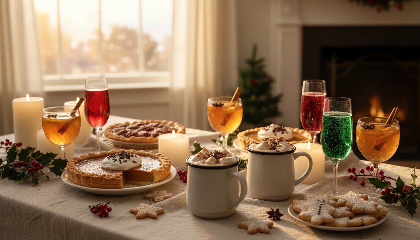 Dessert table with sparkling infused drinks, pies, cookies, and cocoa