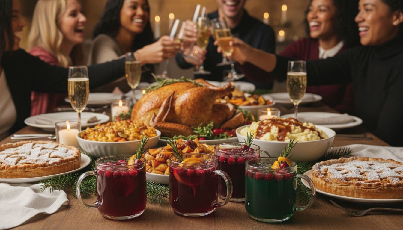 Holiday dinner table with infused mocktails and winter comfort foods