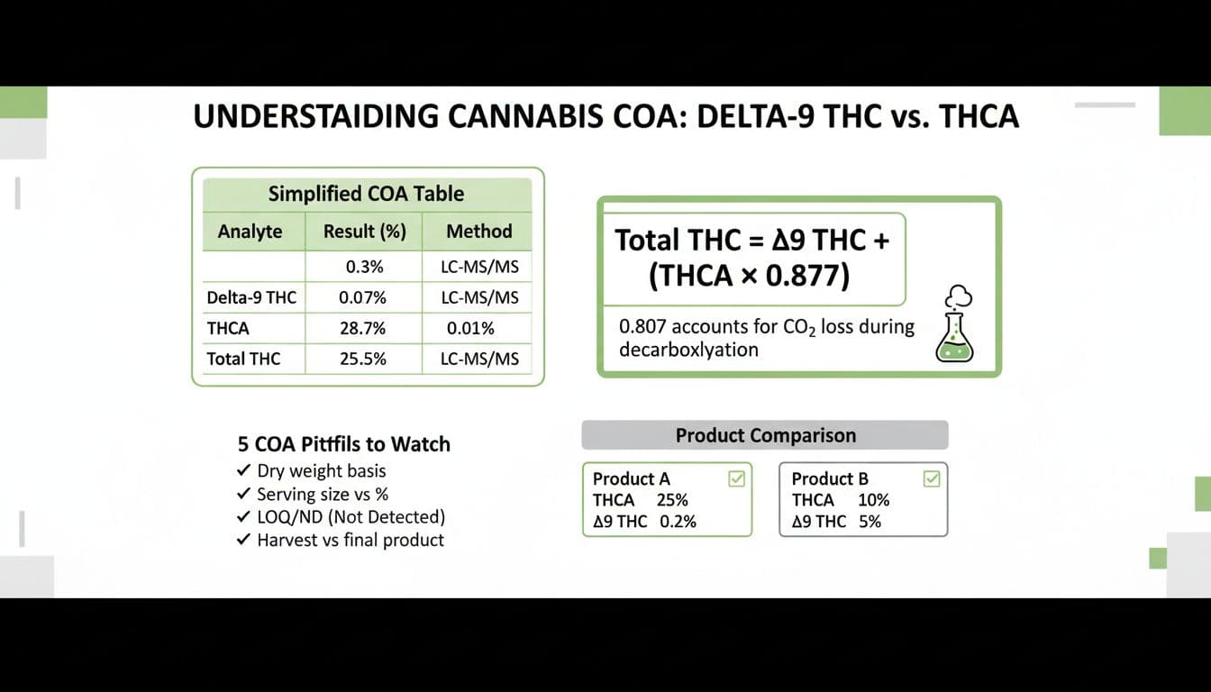 Clean educational infographic explaining how to compare Delta-9 THC and THCA on cannabis/hemp Certificates of Analysis, featuring a sample COA table, Total THC formula, product comparison, and pitfalls checklist.