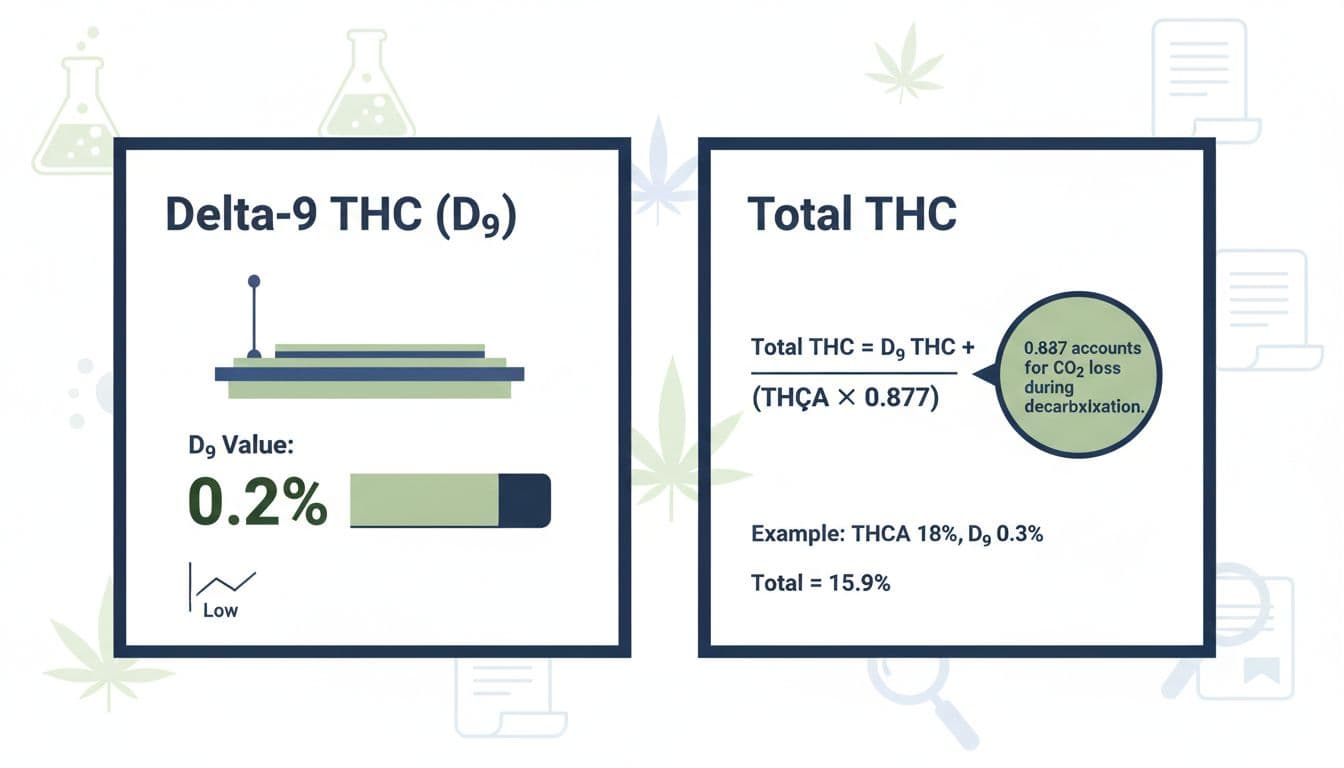 Clean, educational infographic comparing low Delta-9 THC (D9) levels to Total THC calculated as D9 + (THCA Ã— 0.877), with example (THCA 18%, D9 0.3% = 15.9%) and decarboxylation note, in modern flat design with lab icons.