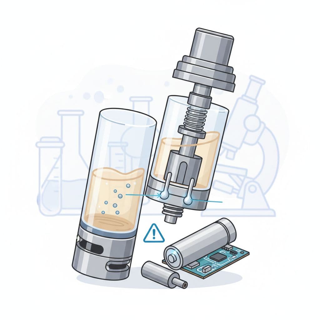Educational infographic illustrating a disassembled cannabis vape cartridge and battery, highlighting internal metal components and potential heavy metal leaching into the oil.