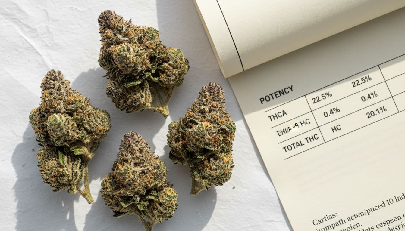 Realistic close-up of dried cannabis flower buds on a white surface next to a printed COA document showing THCA 22.5%, Delta-9 THC 0.4%, and Total THC 20.1%. Soft natural lighting with dominant green tones highlights trichomes and paper texture in a clean, top-down modern product photography style.