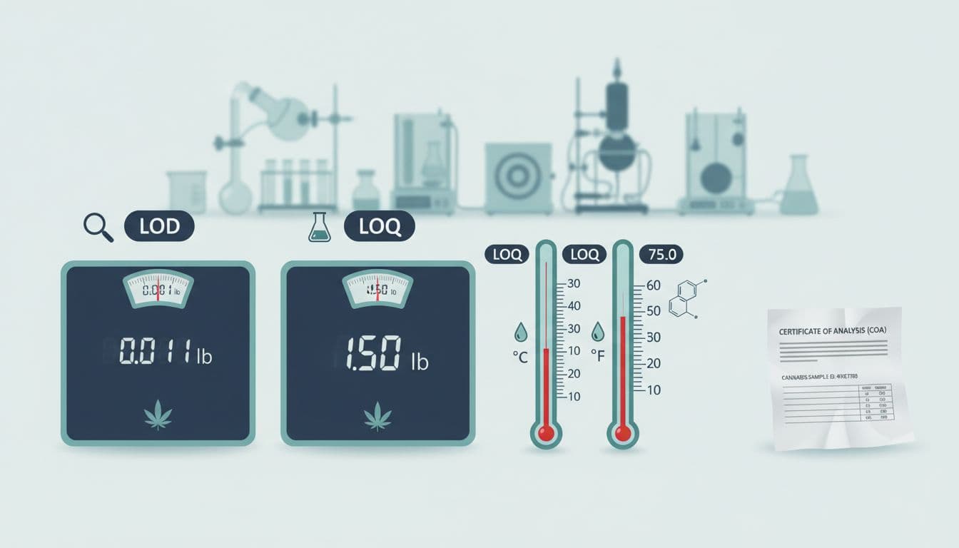 Educational illustration depicting LOD as a bathroom scale with faint barely registering weight and LOQ as a scale with clear readable number, set against subtle lab equipment and COA background.