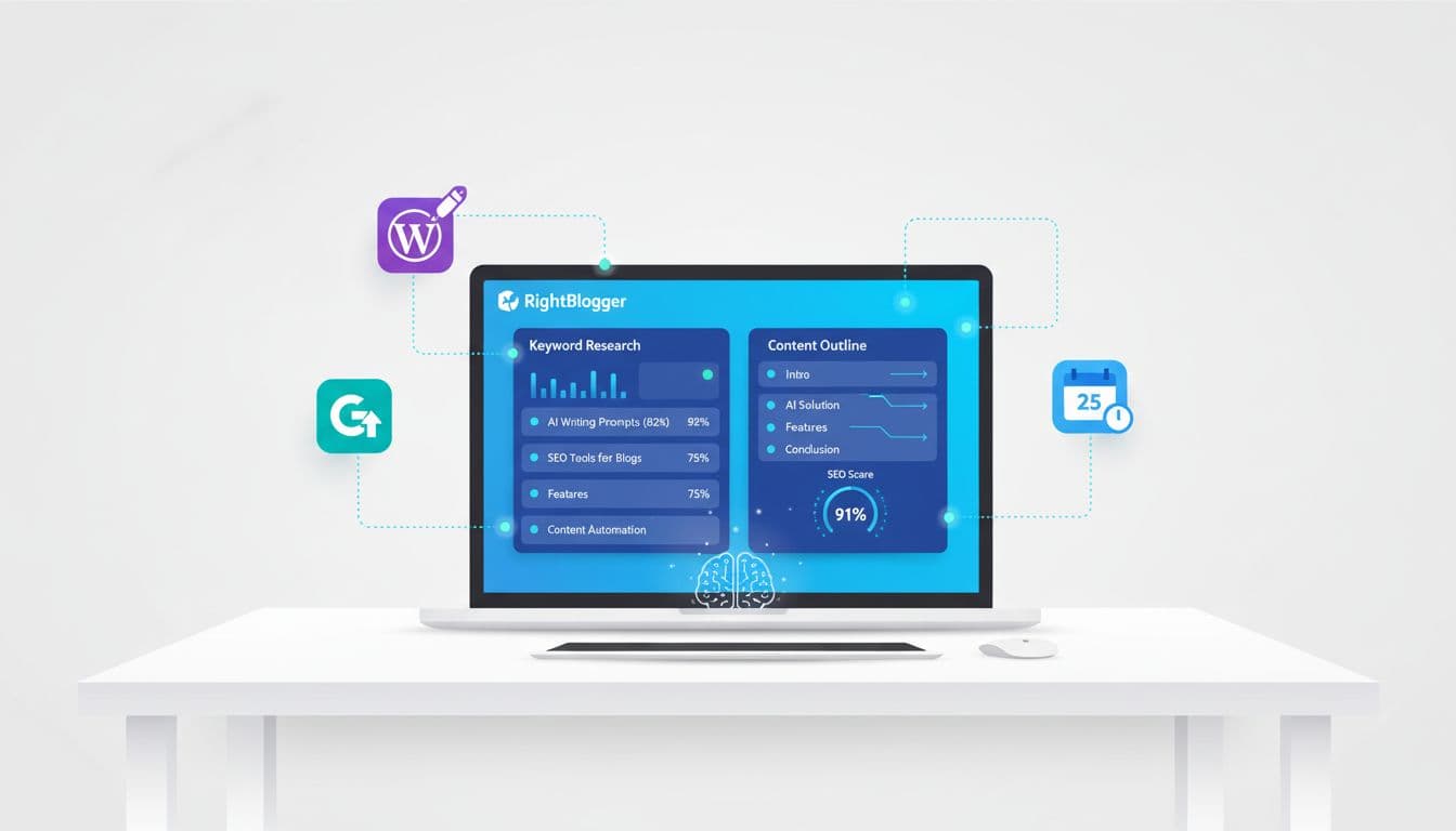 Modern flat illustration of a blogger's desk with a laptop running RightBlogger, surrounded by icons for WordPress, Google Analytics, and a calendar
