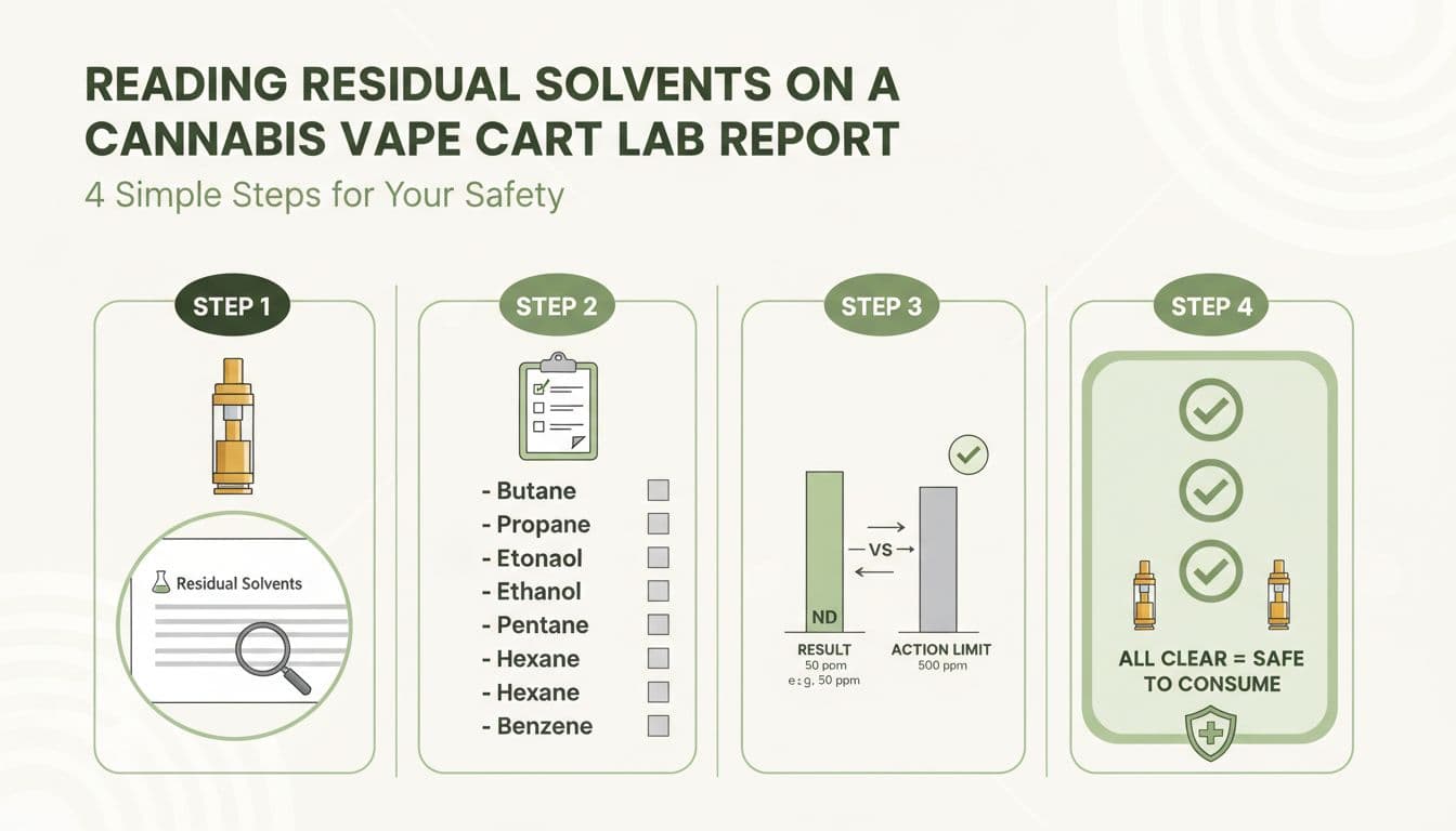 Infographic showing four simple steps to read residual solvent results on a cannabis vape COA in a modern clinical style.