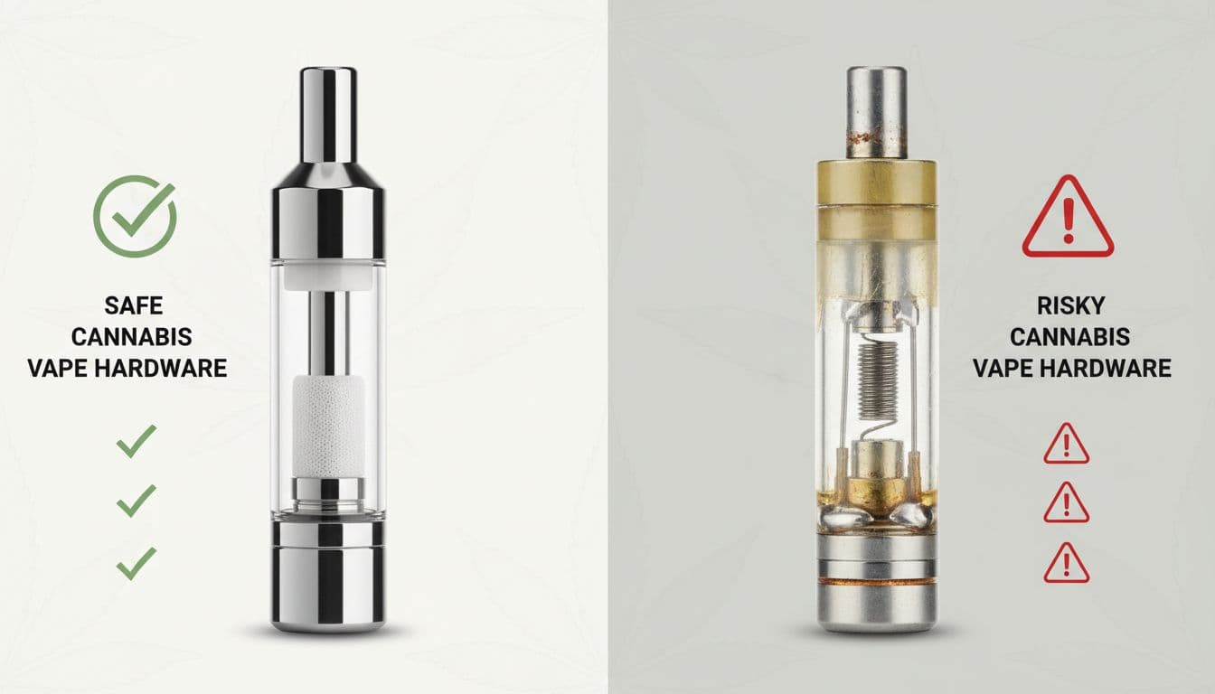 Infographic-style side-by-side comparison of high-quality safe cannabis vape hardware (ceramic coil, glass tank) versus cheap risky hardware (exposed metal coil, plastic tank). Features checkmarks on the safe side and warning icons on the risky side with subtle cannabis leaf background.