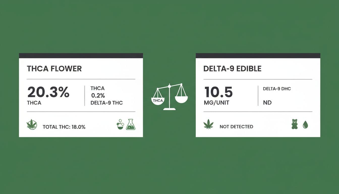 Modern flat design illustration in green and gray tones showing side-by-side lab reports (COAs) for THCA hemp flower and Delta-9 edible, with potency icons and comparison scales.