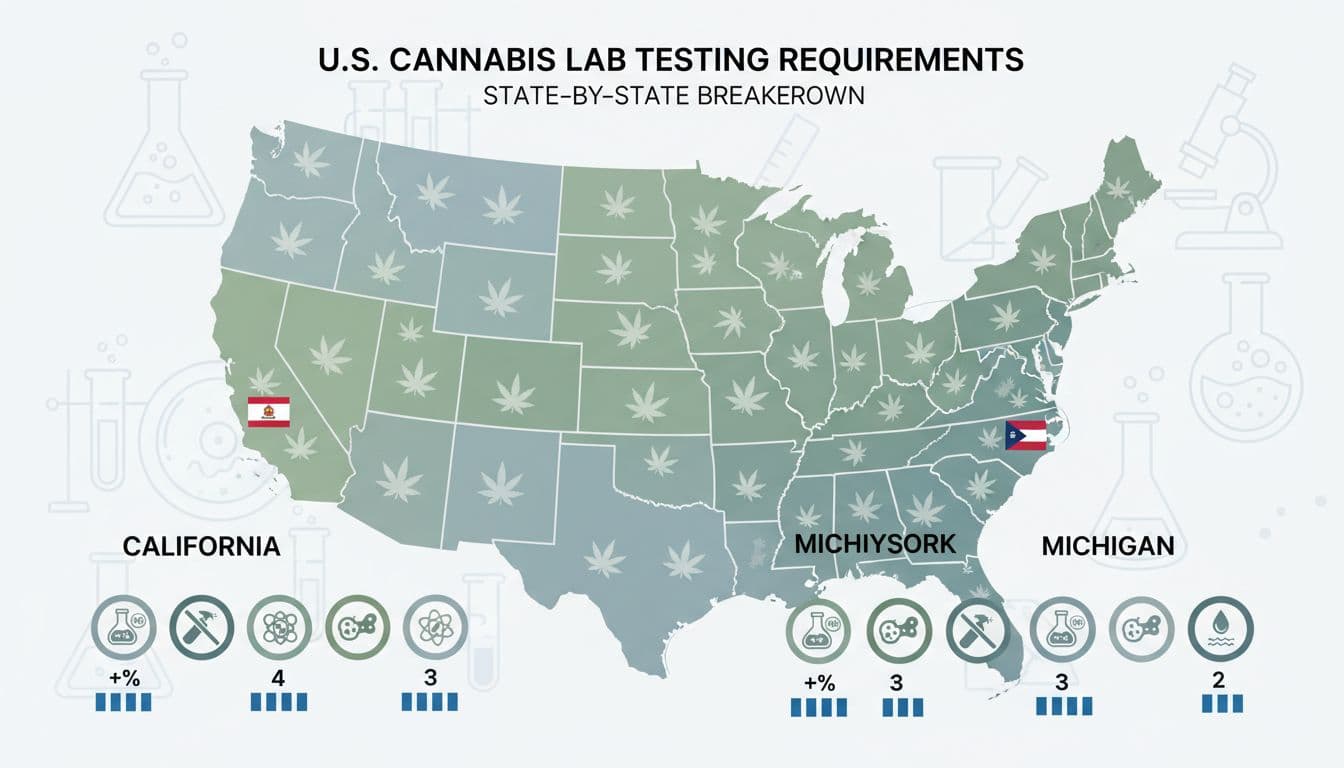 Infographic U.S. map highlighting cannabis lab testing differences between key states