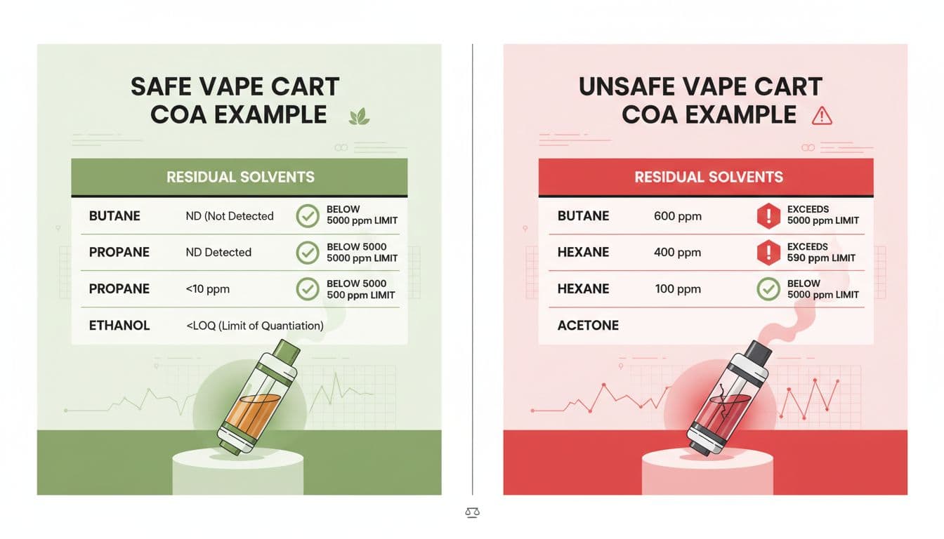Split-panel infographic comparing a safe vape cart COA with low residual solvents to an unsafe one with levels above limits.