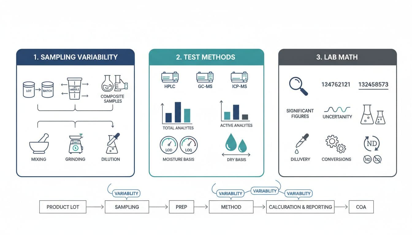 Publication-ready infographic detailing reasons for differences in COAs for the same product, including sampling variability, test methods, and lab calculations, with a flow diagram.
