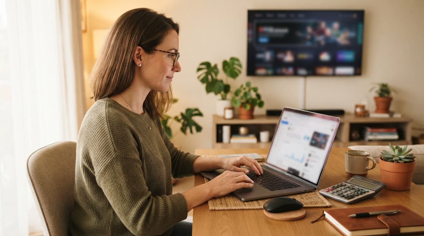Adult comparing a streaming plan on a laptop with a calculator nearby.