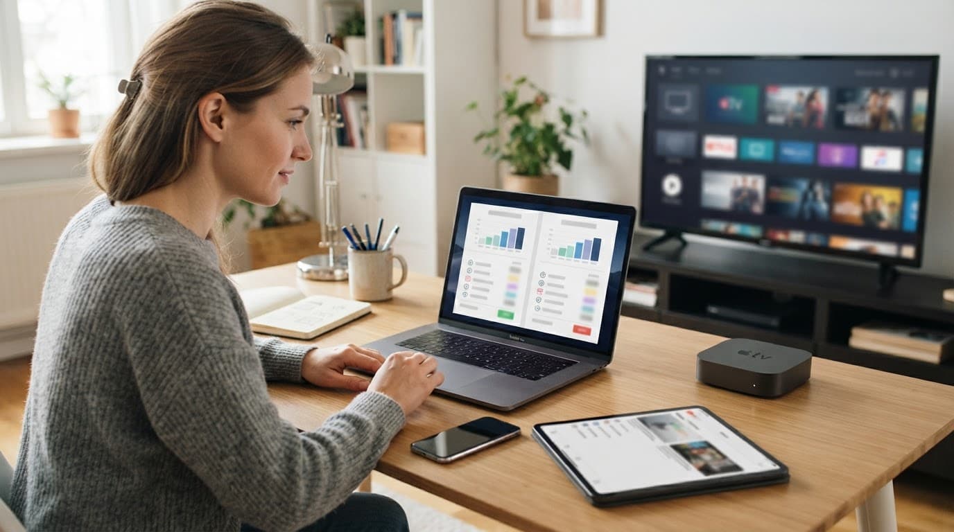 An adult compares streaming options on a laptop beside a smart TV and streaming box.