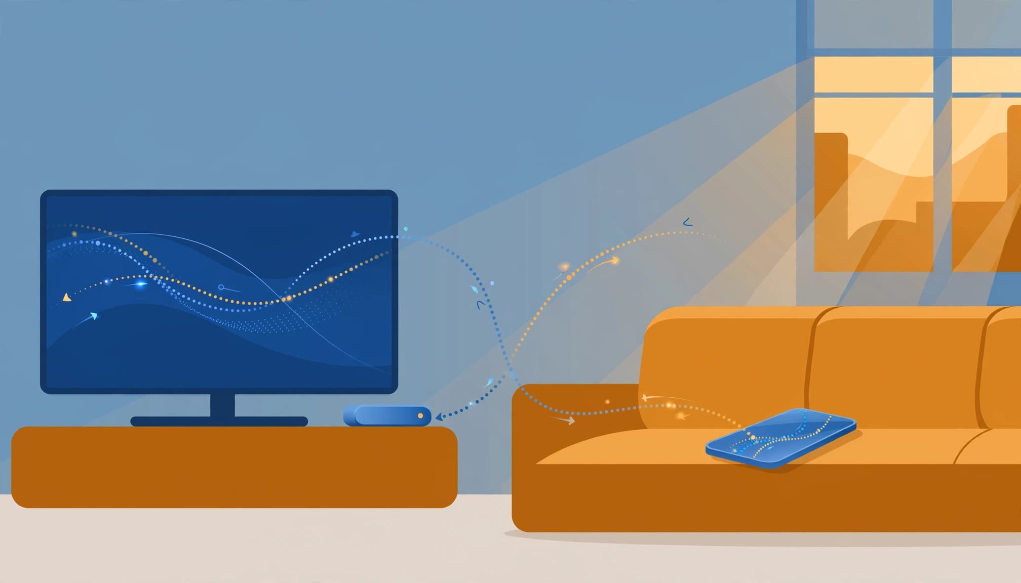 A vector illustration of a living room with a TV, streaming box, and smartphone linked by flowing lines.