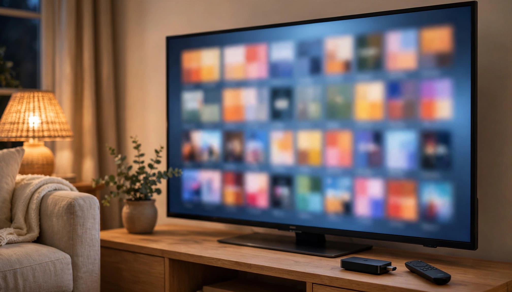 A streaming stick and remote sit below a television with colorful thumbnail tiles.