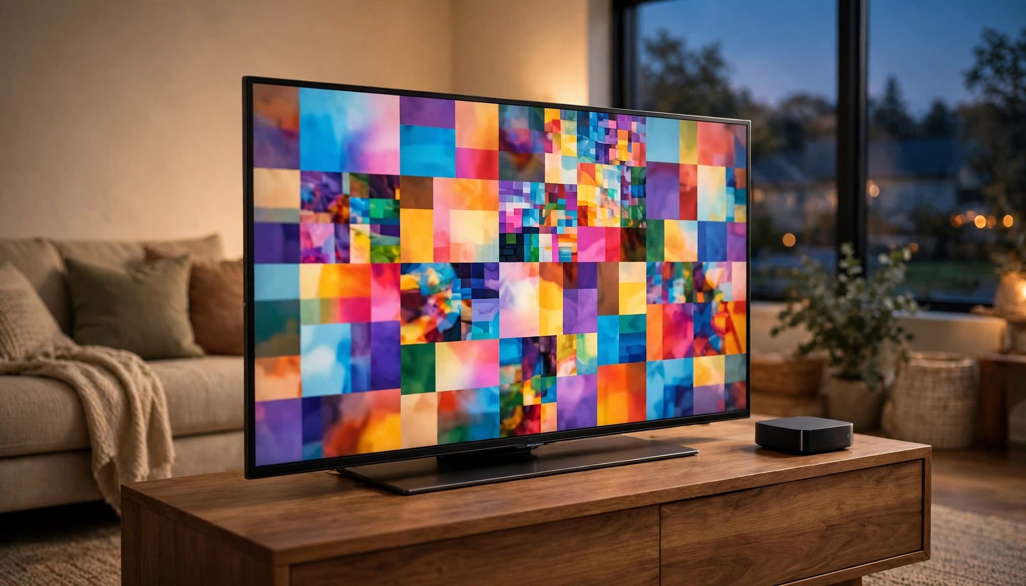 A television showing colorful visuals beside a streaming device in a living room.