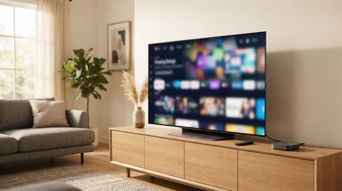 A smart TV and small streaming device in a tidy living room.