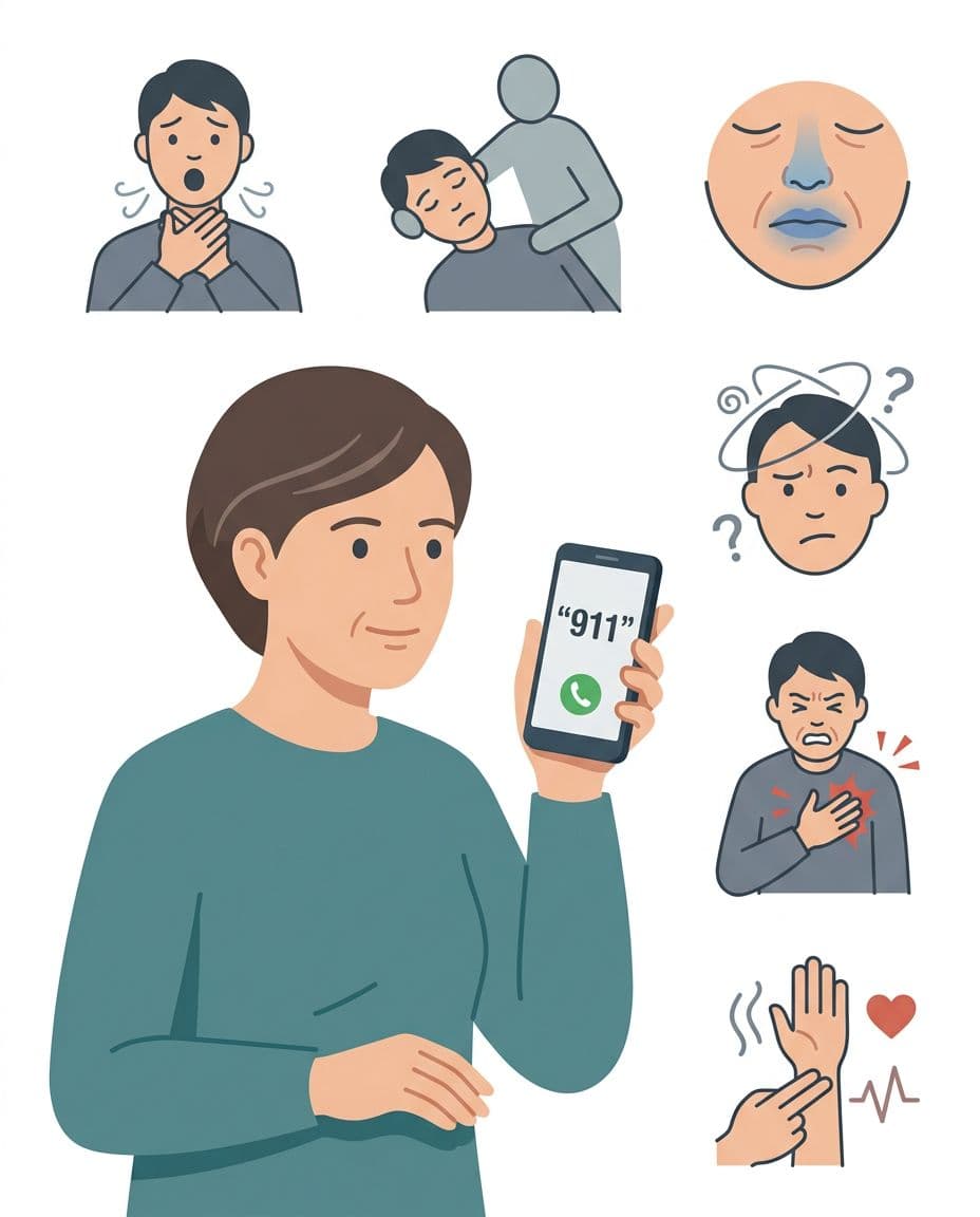 Infographic-style flat vector illustration depicting a person dialing 911 emergency services alongside icons of critical symptoms such as gasping for air, fainting, blue lips, confusion, chest pain, and weak rapid pulse on a white background.