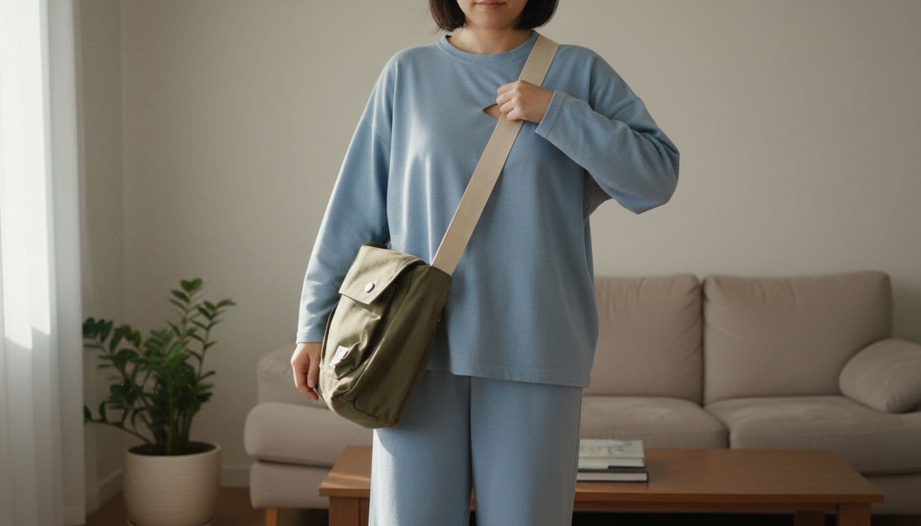 One person in a comfortable living room, dressed in loose soft cotton shirt and pants, adjusts a wide shoulder strap of a crossbody bag away from the upper chest port site to prevent irritation, in a relaxed pose with natural daylight.