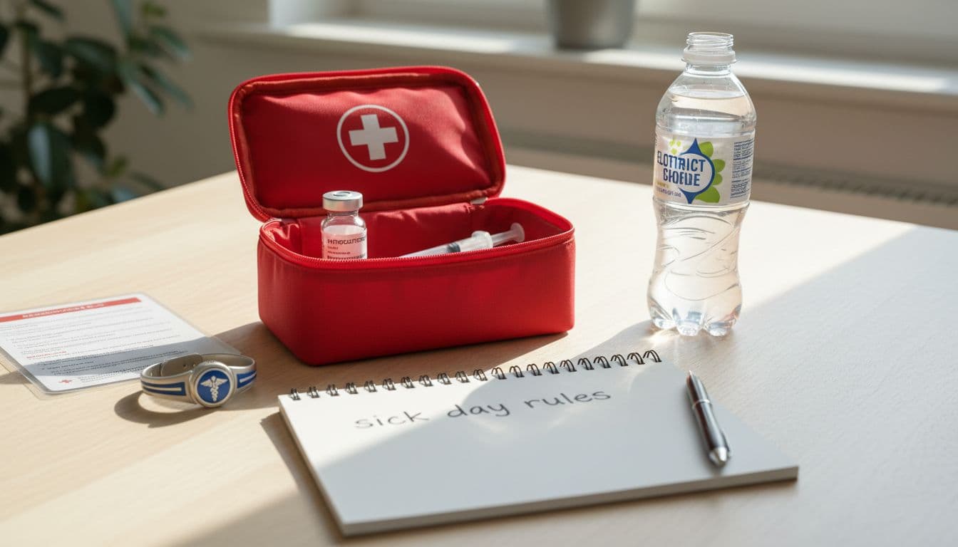 Immunotherapy Adversal Insufficiency: Symptoms, Cortisol Tests, and an Emergency Plan 2 Realistic photo of a home table with an open medical emergency kit for adrenal crisis, featuring hydrocortisone vial and syringe, medical alert bracelet, glucocorticoid card, electrolyte drink, and notepad labeled 'sick day rules'. Natural daylight, clean composition, no people.