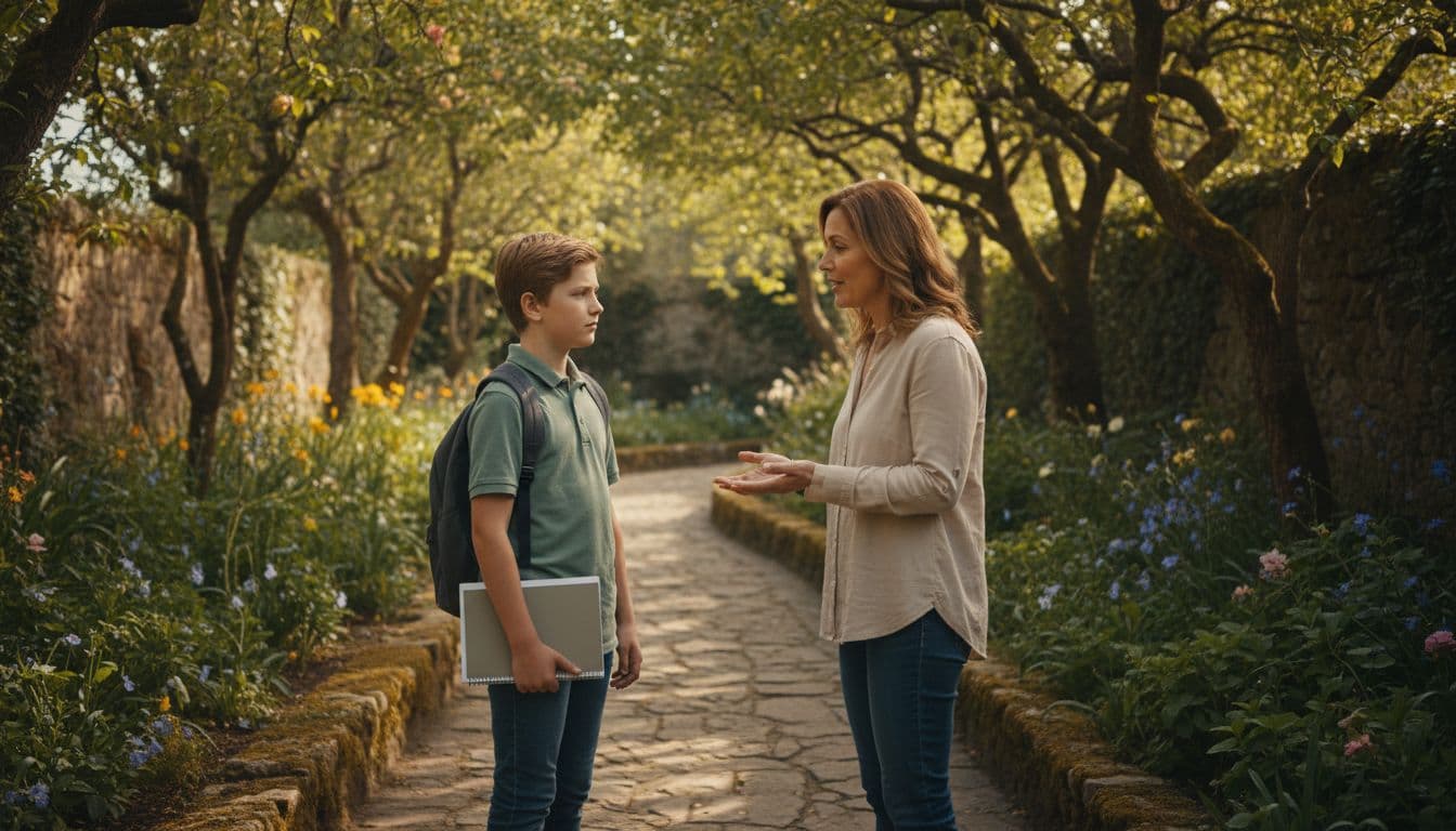 A thoughtful 12-year-old preteen and parent walk along a quiet garden path, with the parent gesturing calmly while the child listens attentively under soft afternoon light.