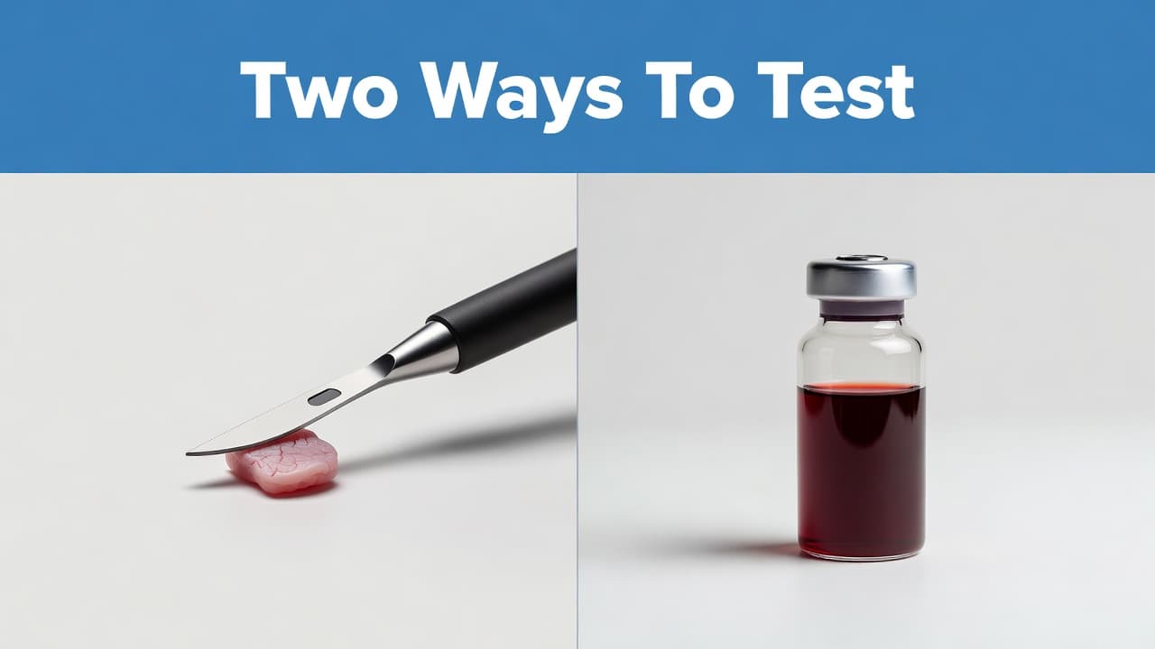 A split-screen educational graphic displays a surgical scalpel resting on biological tissue to the left and a glass vial containing blood on the right, all set under a blue headline.