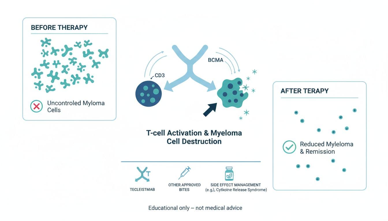 Medically accurate infographic depicting BiTE therapy's mechanism in multiple myeloma treatment, with a central illustration of BiTE antibody bridging T-cell and myeloma cell, arrows showing activation and destruction, before/after panels indicating remission, icons for teclistamab and side effects management.