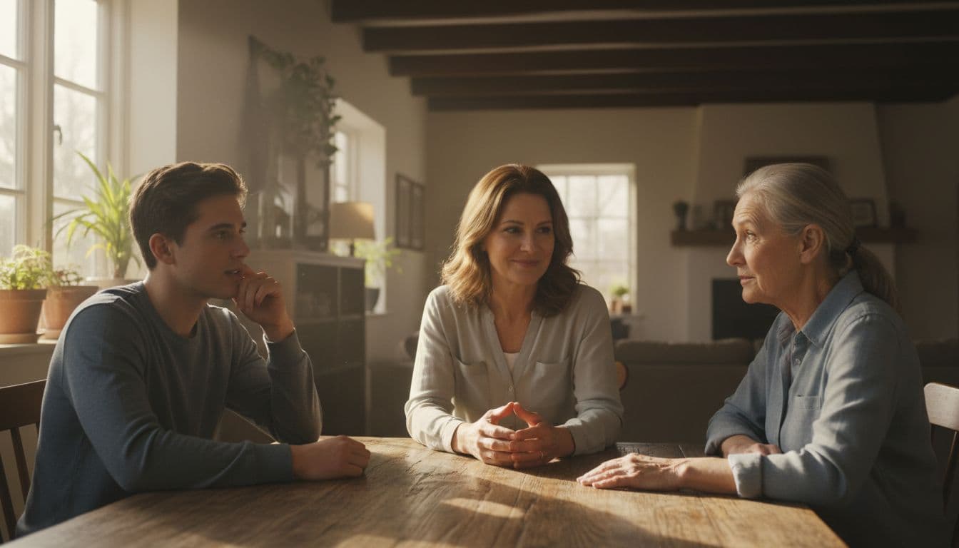 A middle-aged adult with a calm expression sits at a wooden kitchen table with a younger adult and older parent, engaged in a gentle conversation about advance directives. Warm afternoon light filters through a window, creating a compassionate and supportive atmosphere.