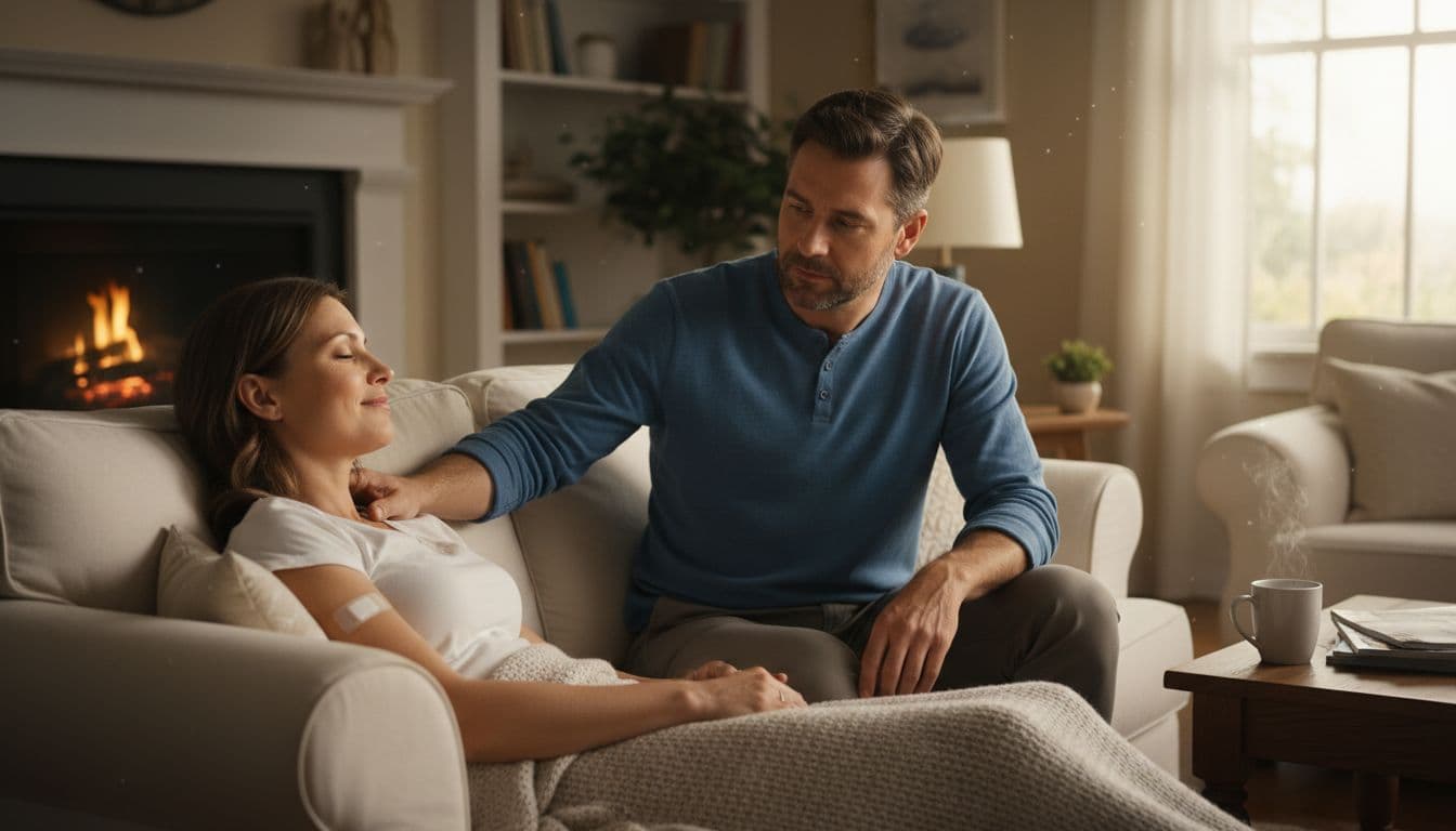 A calm patient rests comfortably at home after treatment, with a family member nearby offering emotional support in a cozy living room illuminated by soft afternoon light.