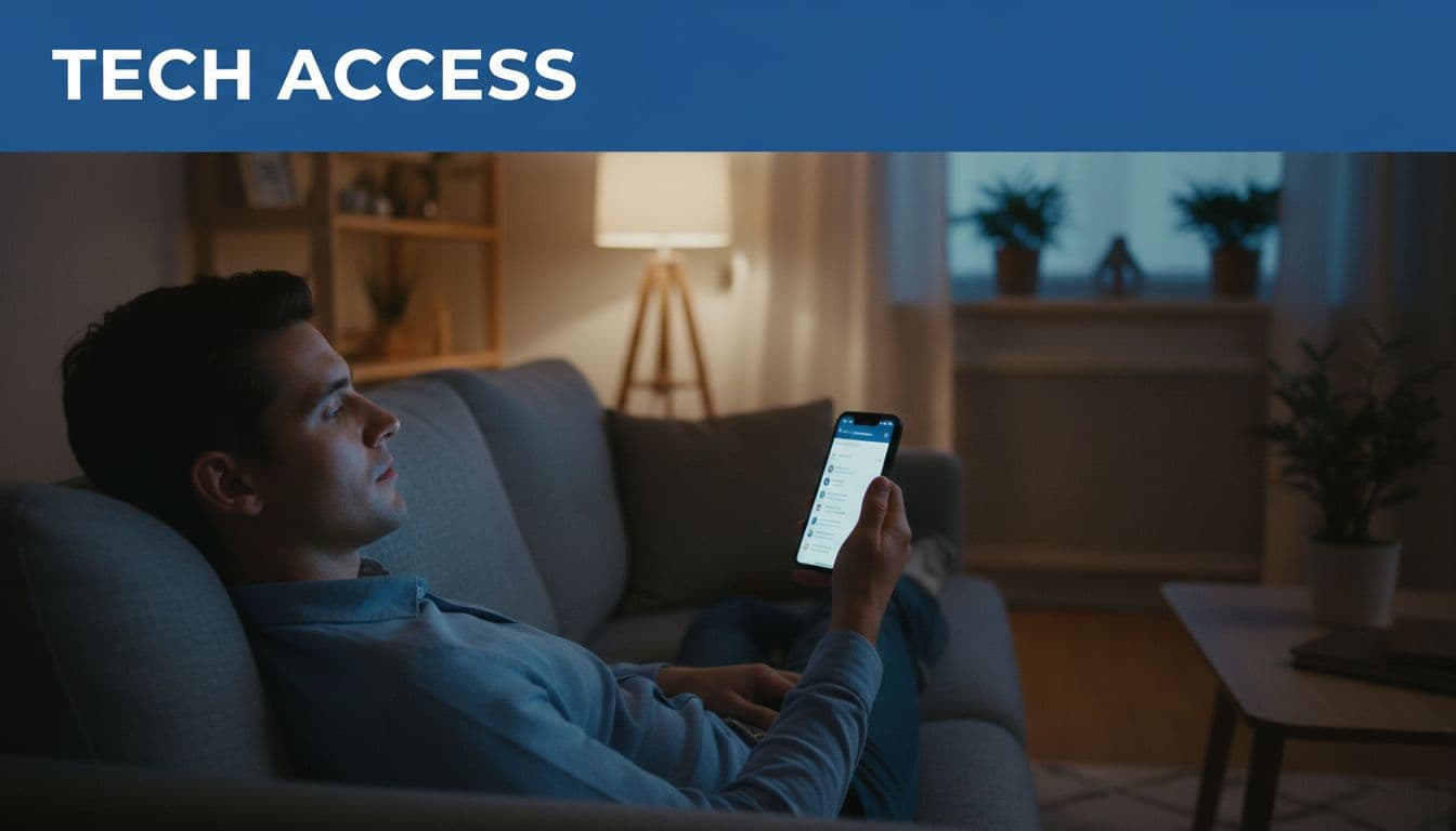 Relaxed patient on couch in dim living room holds smartphone with screen glow on face showing vague contact list.