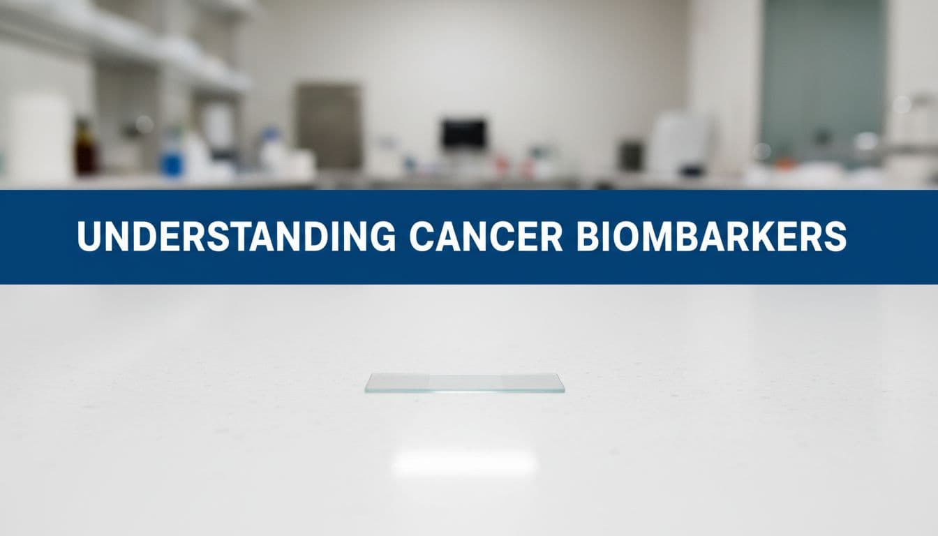 Biomarker Testing Cancer, in Plain English 1 Glass lab slide on clean modern table under bright clinical lighting, with bold 'Understanding Cancer Biomarkers' headline at top.