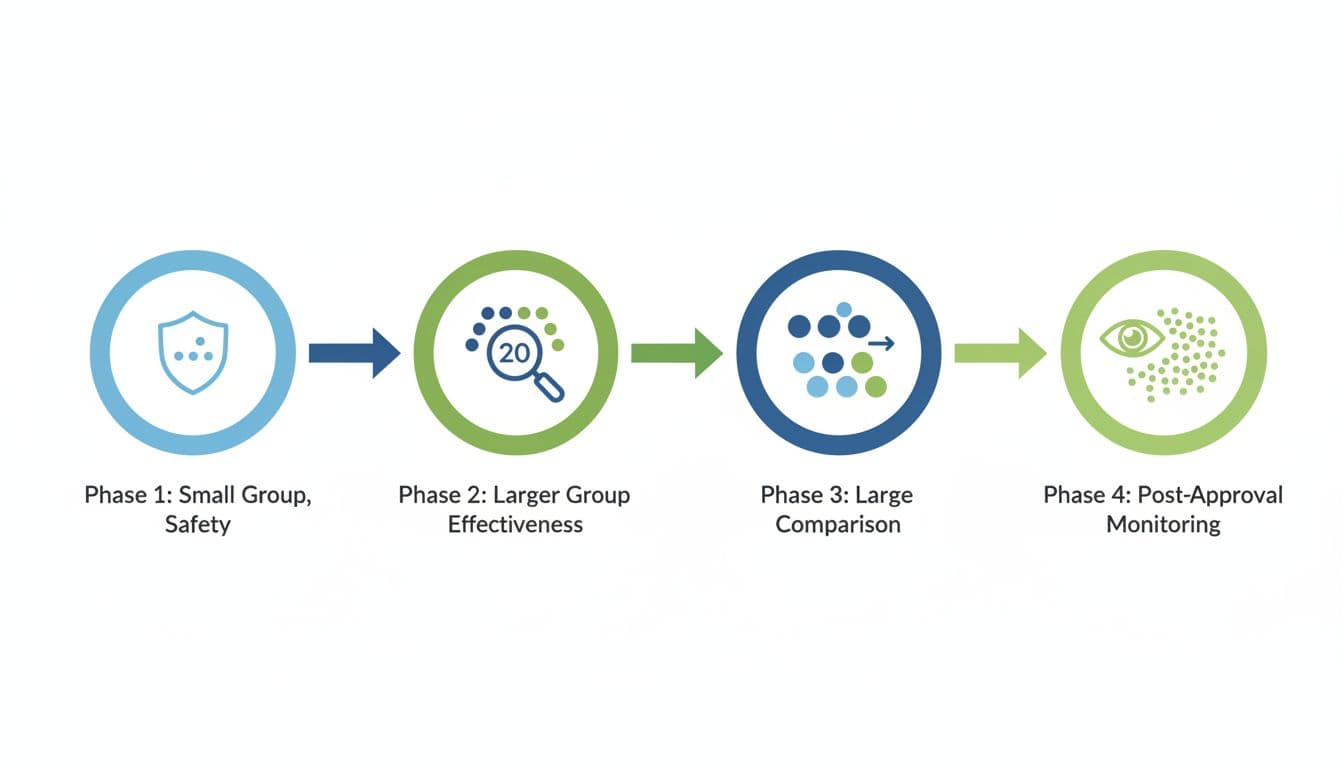 Infographic-style illustration depicting the four sequential phases of cancer clinical trials: Phase 1 safety testing in small groups, Phase 2 effectiveness in larger groups, Phase 3 large-scale comparison to standards, and Phase 4 post-approval monitoring. Simple icons in a horizontal flow, clean medical style with blue and green tones, no text or people.