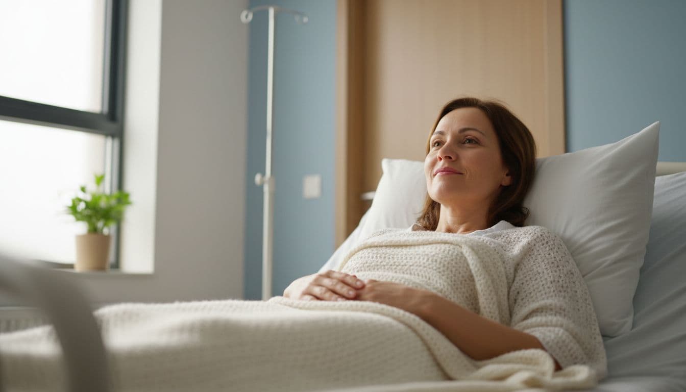A single patient rests comfortably in a hospital bed during cancer surgery recovery, with soft natural light filtering through the window and a calm, determined expression.