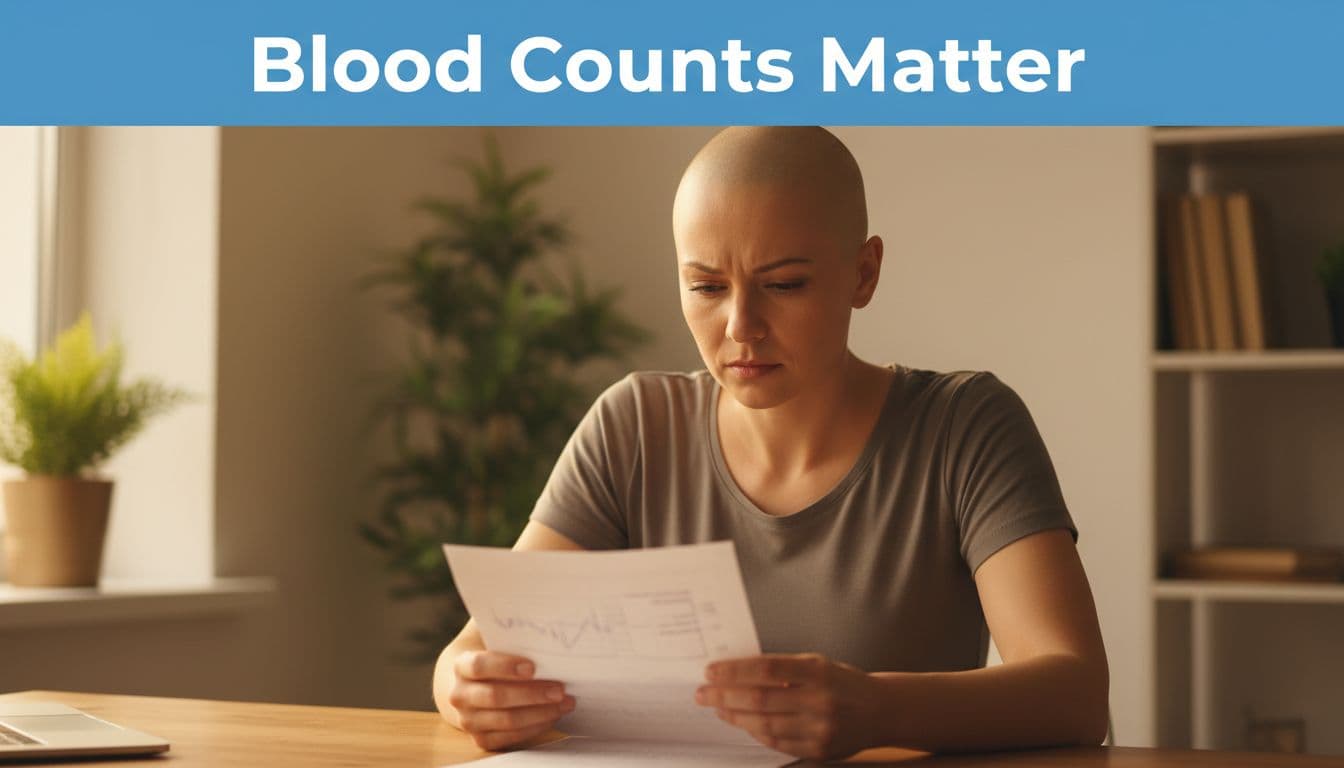 Thoughtful cancer patient in doctor's office holds low blood count lab report, face lit by soft window light showing determination.