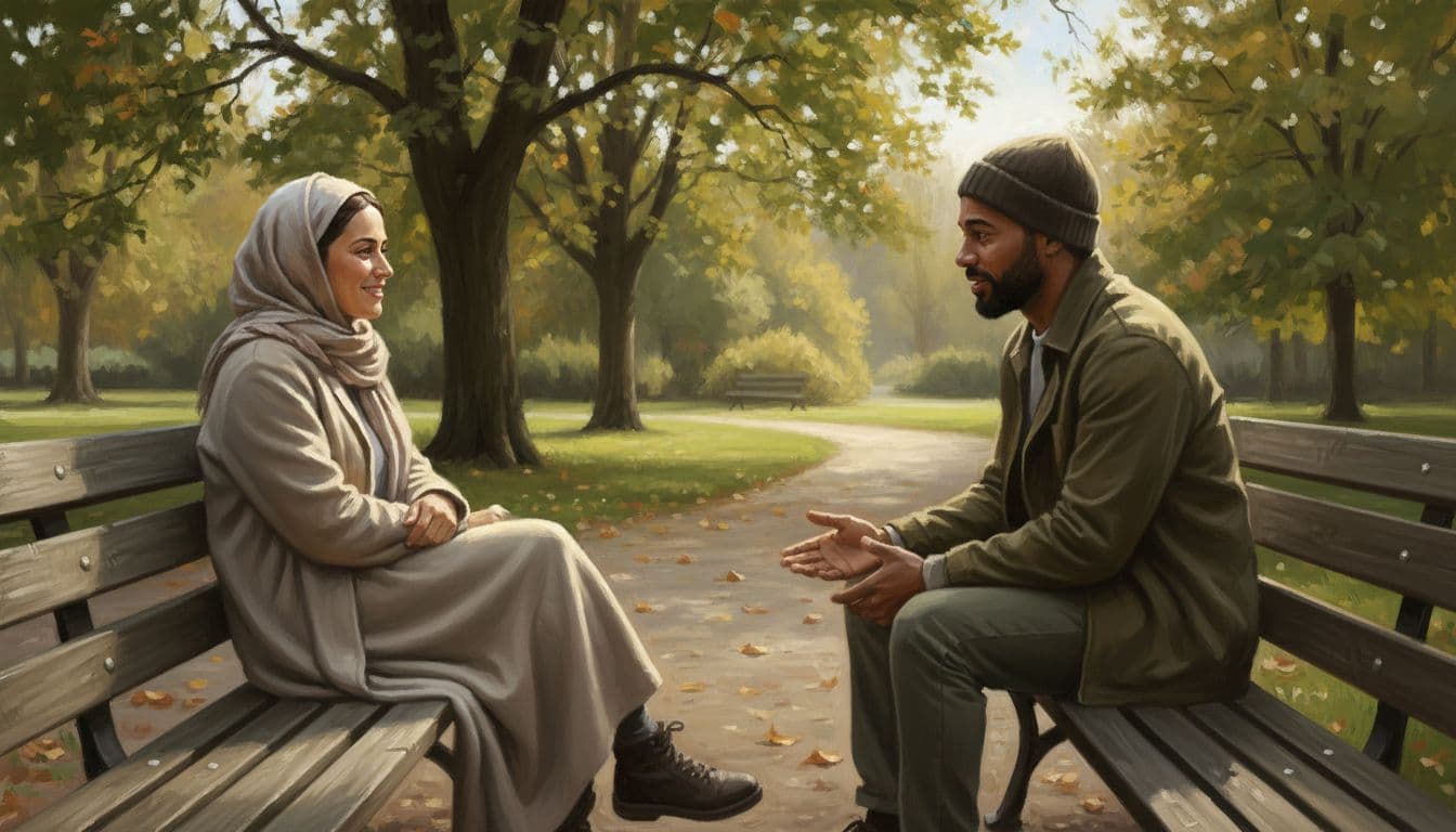 Two diverse cancer patients sit on park benches talking compassionately in natural daylight.