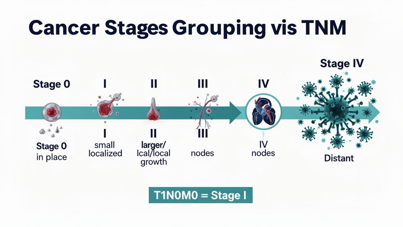 Medically accurate educational infographic depicting cancer stages from 0 to IV using the TNM system in a horizontal timeline with icons, progression visuals, and examples like T1N0M0 = Stage I. Flat vector style with high contrast, teal/navy accents, and accessible design on white background.
