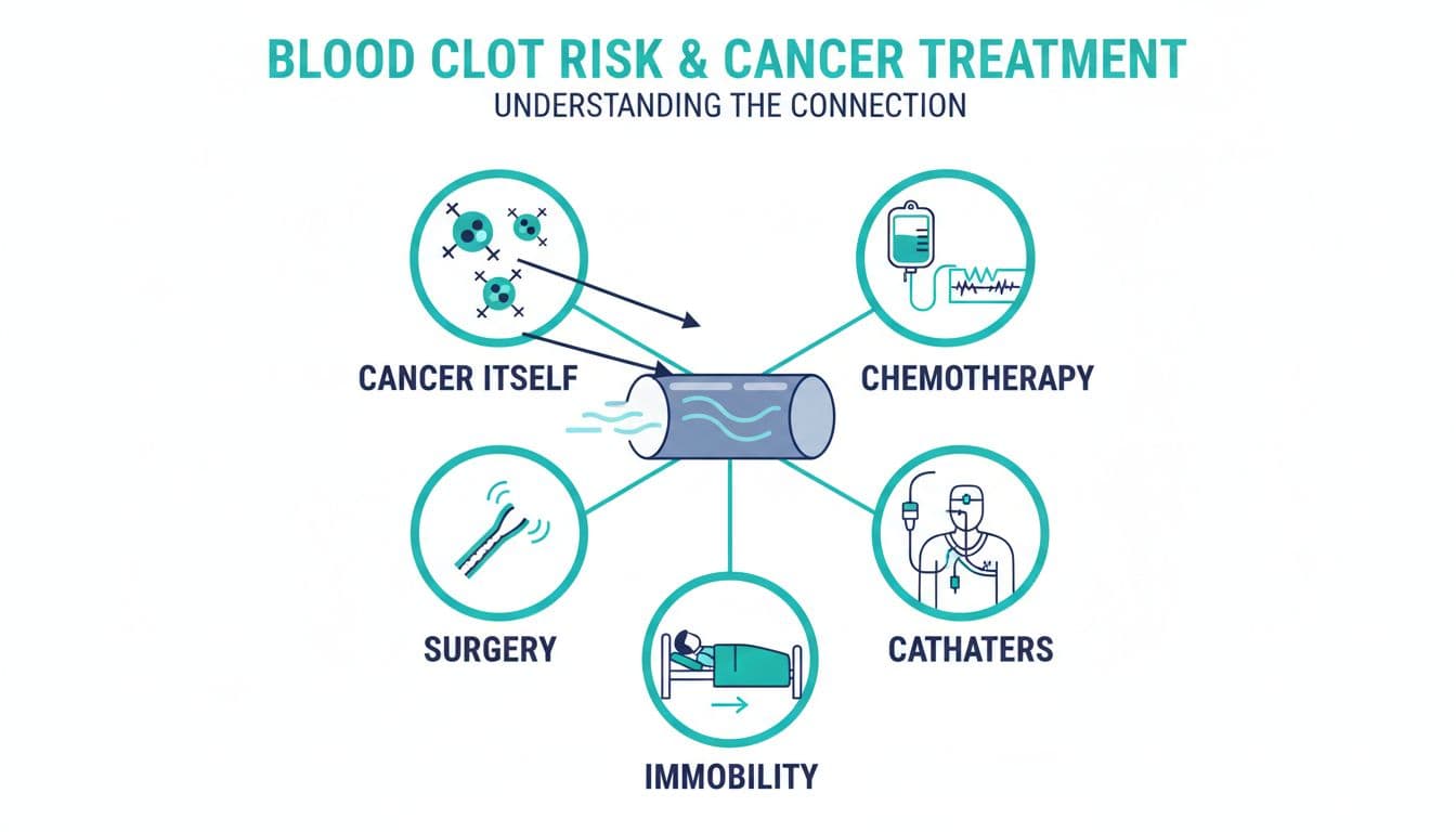 Infographic showing why blood clot risk increases during cancer treatment, with icons for cancer itself, chemotherapy, surgery, central venous catheters, and immobility.