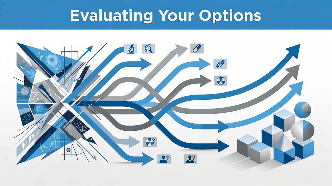 A cool blue graphic features the bold text Evaluating Your Options at the top. The abstract design uses clinical patterns and geometric overlays to represent complex oncology decision-making and diagnostic pathways.
