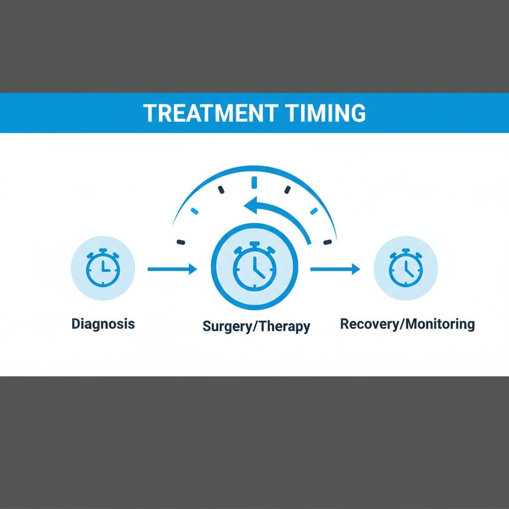 Adjuvant vs Neoadjuvant Therapy, Explained in Plain English 1 A geometric timeline illustrates the sequence of cancer care stages with a central clock icon.
