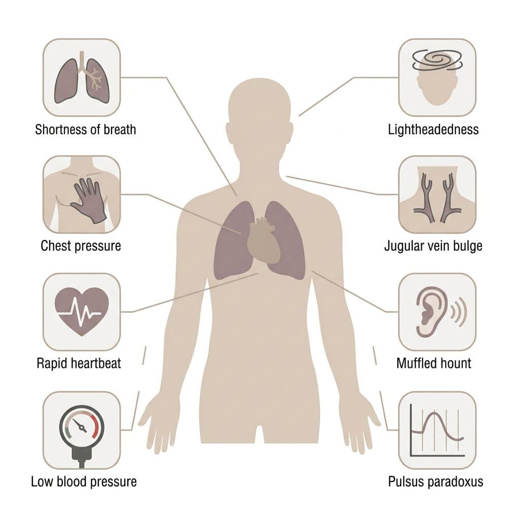 Vector flat design medical infographic with a central human silhouette highlighting the chest area, surrounded by icons depicting key signs of cardiac tamponade in cancer patients such as shortness of breath, chest pressure, rapid heartbeat, lightheadedness, low blood pressure, jugular vein distension, muffled heart sounds, and pulsus paradoxus.