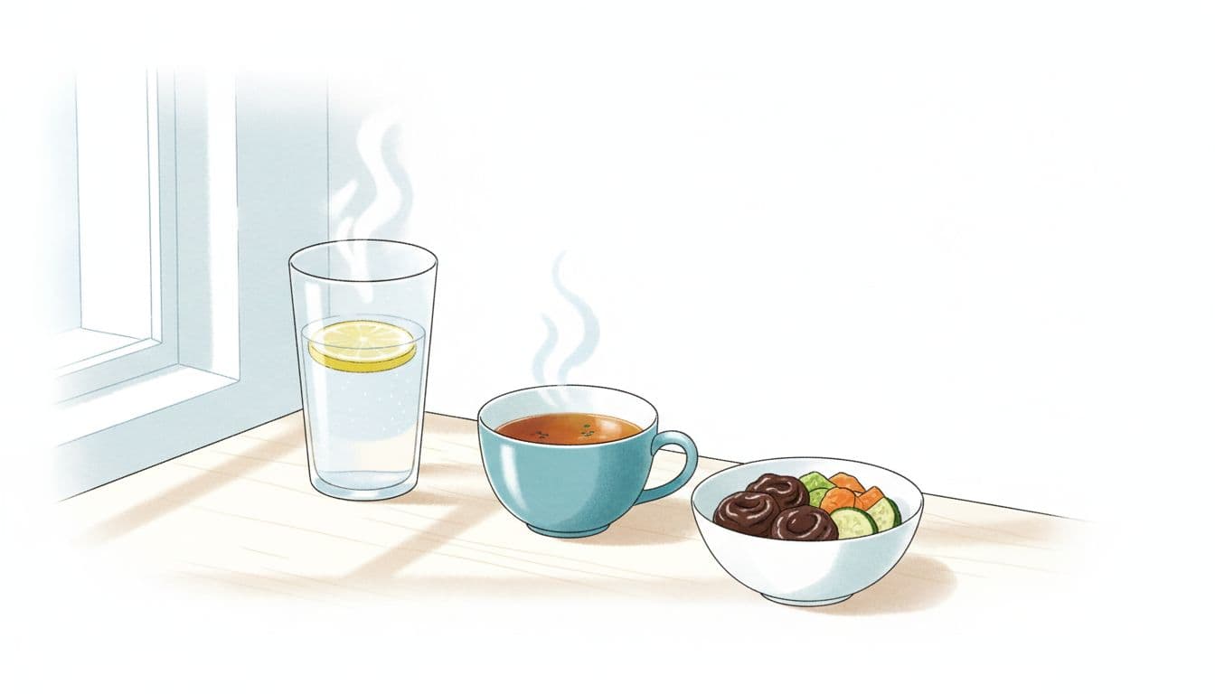 Constipation during Chemo (and Zofran): A Step-by-Step Bowel Plan That’s Safe and Actually Works 2 Clean, print-friendly medical illustration showing warm lemon water, herbal tea, and stewed prunes with vegetables on a wooden table to support bowel health during chemotherapy. Minimalist design with soft natural light, calm blue accents, and serene mood on a white background.