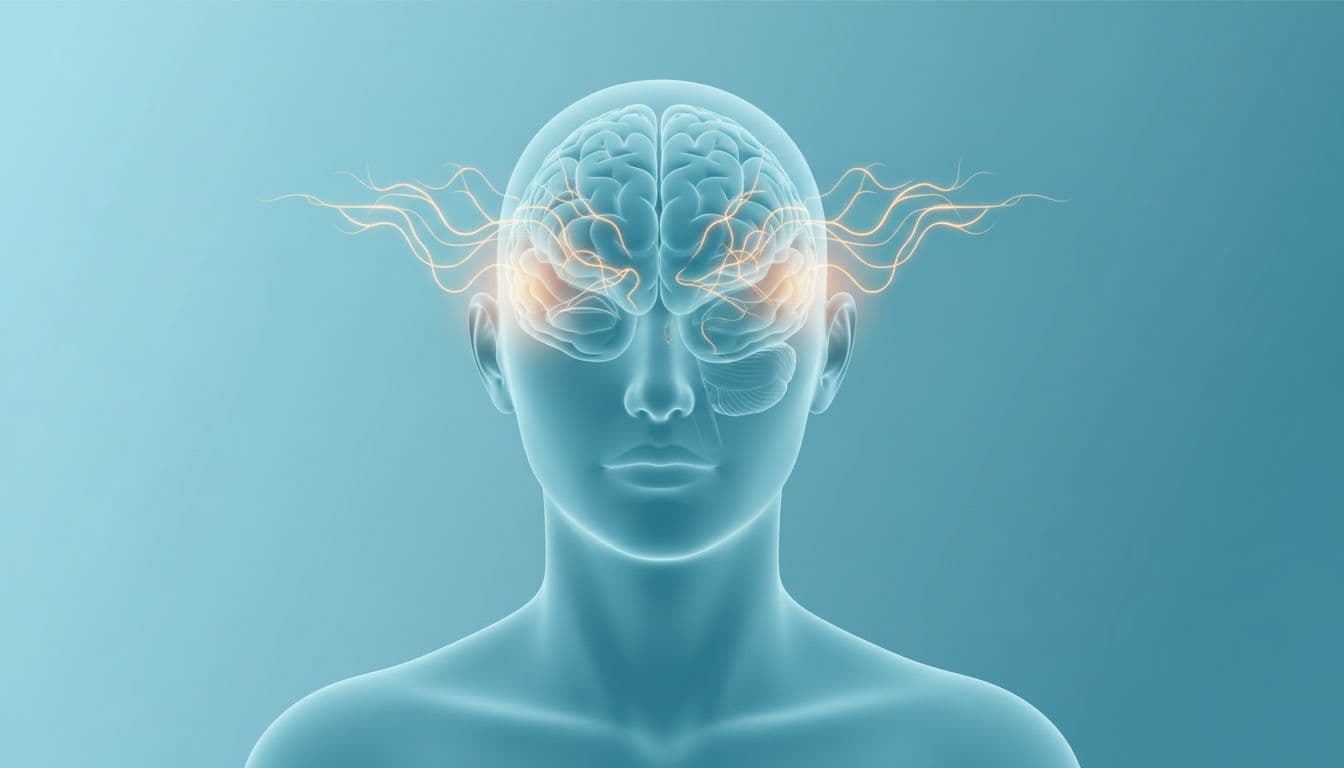 Clean, medically accurate illustration of a human figure with semi-transparent brain showing erratic neural networks symbolizing attention issues from chemotherapy.