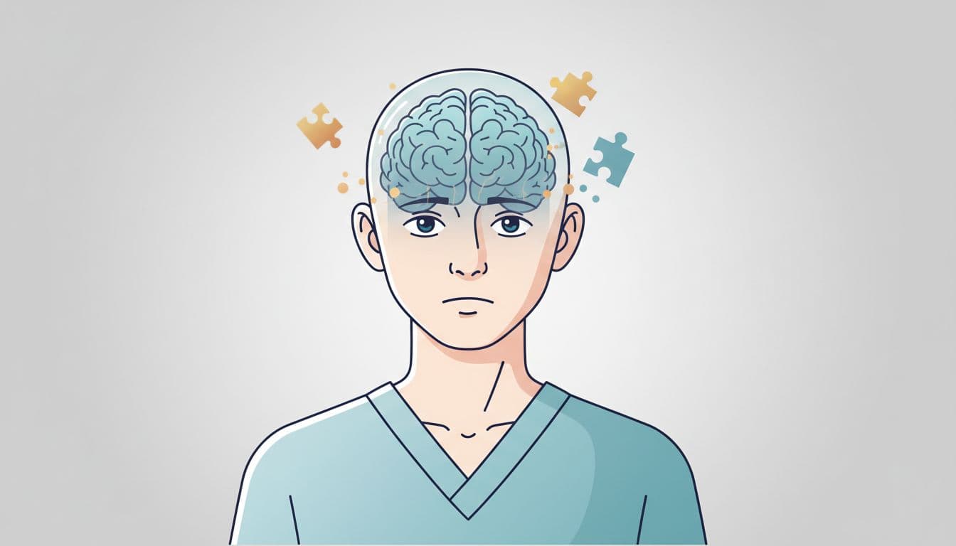 A clean, medically accurate editorial illustration showing a human figure from the shoulders up with a semi-transparent brain, subtle blurred puzzle pieces for memory loss, and dimmed neural pathways in a modern clinical vector style.