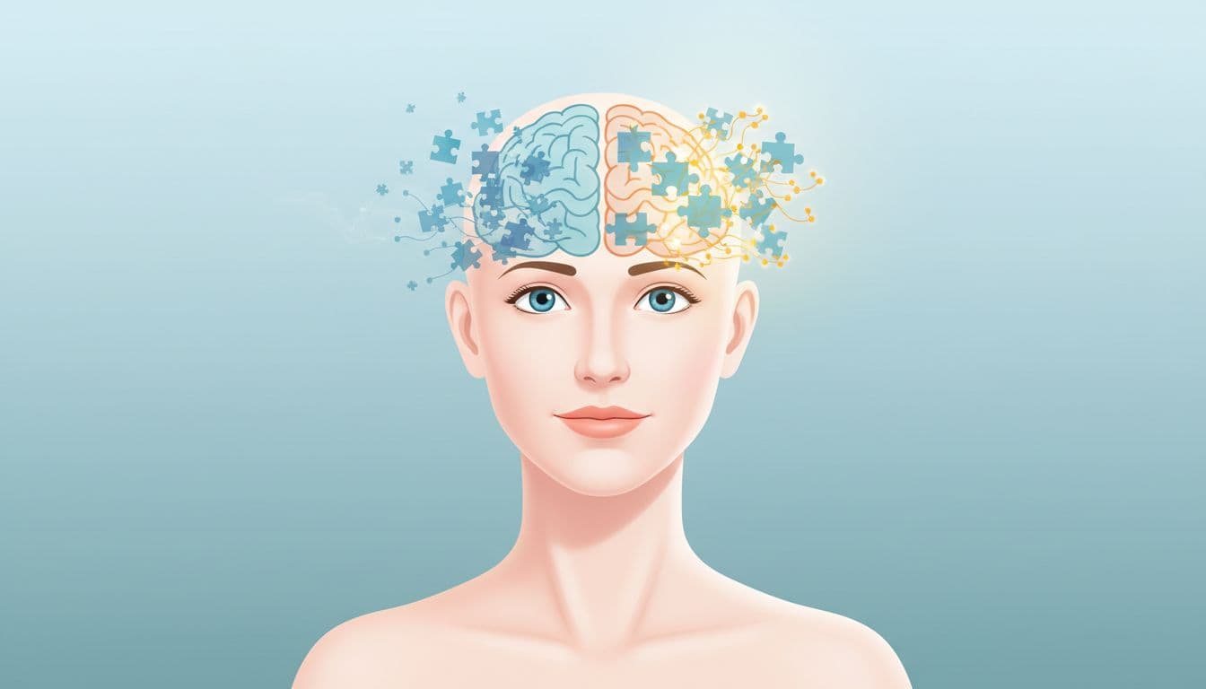 Medically accurate editorial illustration of chemotherapy-related cognitive impairment (chemobrain) showing a hopeful human figure with semi-transparent brain and recovery metaphors like reassembling puzzle pieces and reconnecting neural pathways.