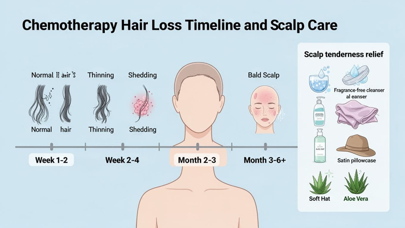 Medically accurate flat vector infographic showing chemotherapy-induced hair loss stages from Week 1-2 to Month 3-6+ with head silhouette icons, plus a side panel on scalp tenderness relief tips like cool compress and aloe vera.