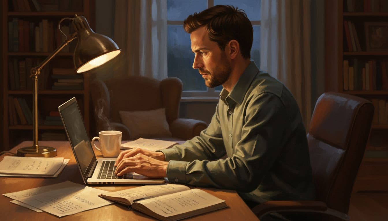 Person with focused expression types on laptop at cozy home office desk, surrounded by notes and cup of tea under soft evening lamp glow. Side profile view in realistic painting style.