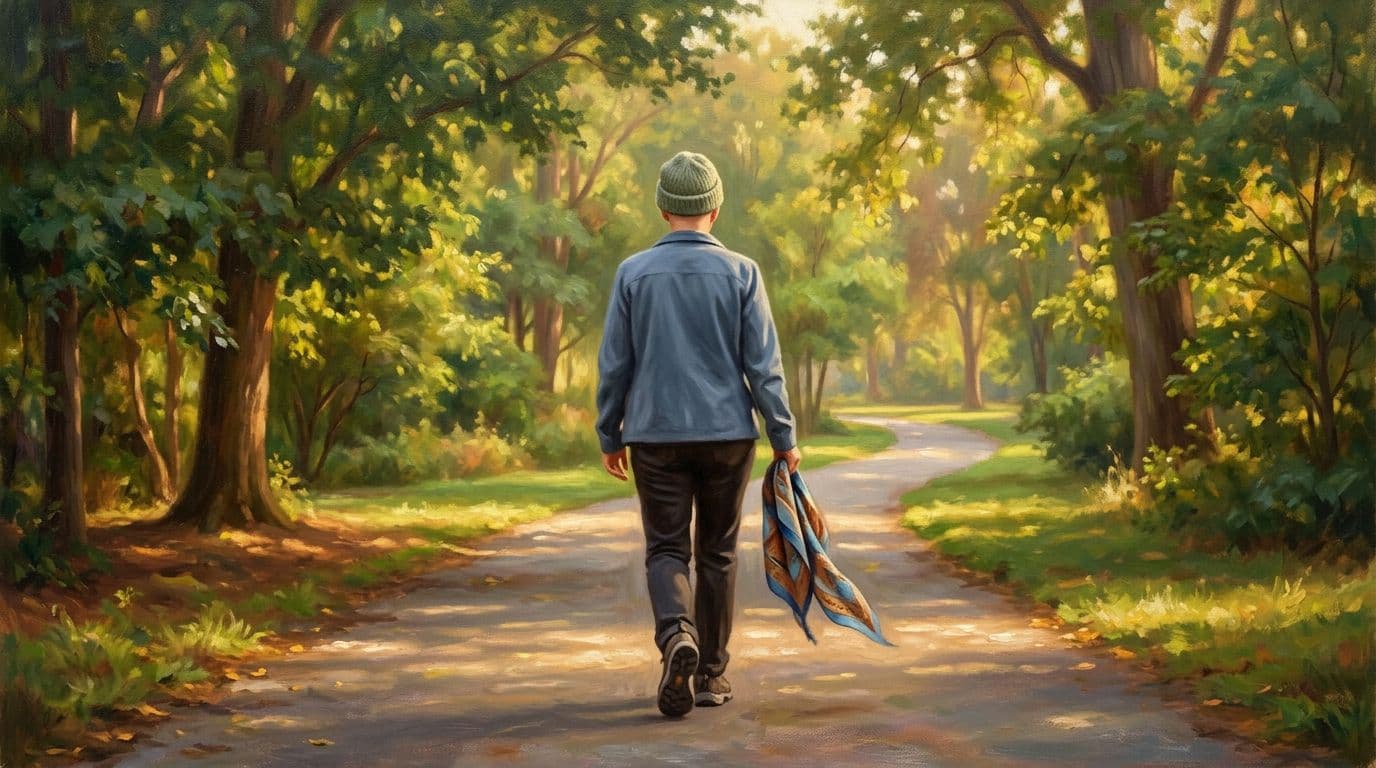 Inspirational realistic soft painting of a bald person in a soft hat, walking confidently from the back view on a sunny park path with trees, holding a scarf loosely, motivational for cancer patients.