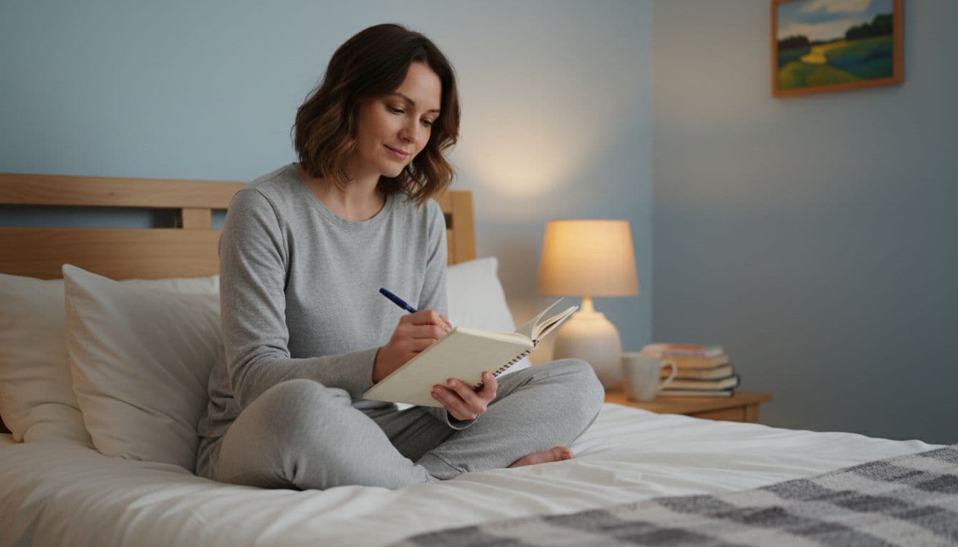 Why Thinking Positive Fails During Cancer And What Helps Instead 2 A single person sits up in a cozy bedroom at bedtime with an open notebook and pen in hand, soft bedside lamp casting a warm glow, relaxed expression focused on writing in a simple serene setting. This realistic photo depicts a quiet moment of reflecting on daily positives before sleep.