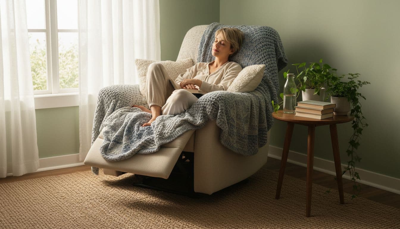 How to Prepare Your Home Before Chemotherapy Starts Without Overwhelm 1 A cozy living room corner transformed into a comfortable resting area for someone undergoing chemotherapy: soft blankets on a recliner chair, side table with water bottle, books, and plants nearby, warm natural light from window, peaceful and inviting atmosphere, one person relaxing with eyes closed, realistic style, soft lighting.
